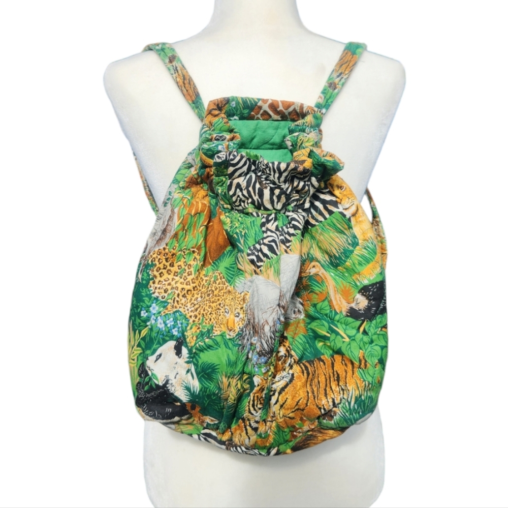 Vintage Handmade Safari Animals Quilted Backpack Lion Zebra Green Bag Medium
